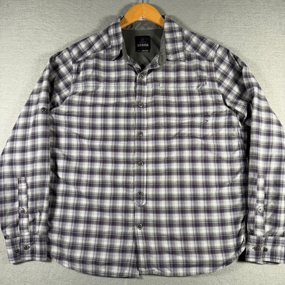 Prana Mens M2DICK113 Plaid Button‎ Down Shirt Purple Grey Mesh Lined Medium